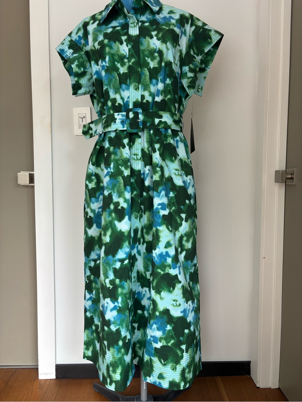 NWT Tuckernuck Deep Lagoon Chloe Watercolor Belted Midi Dress XL